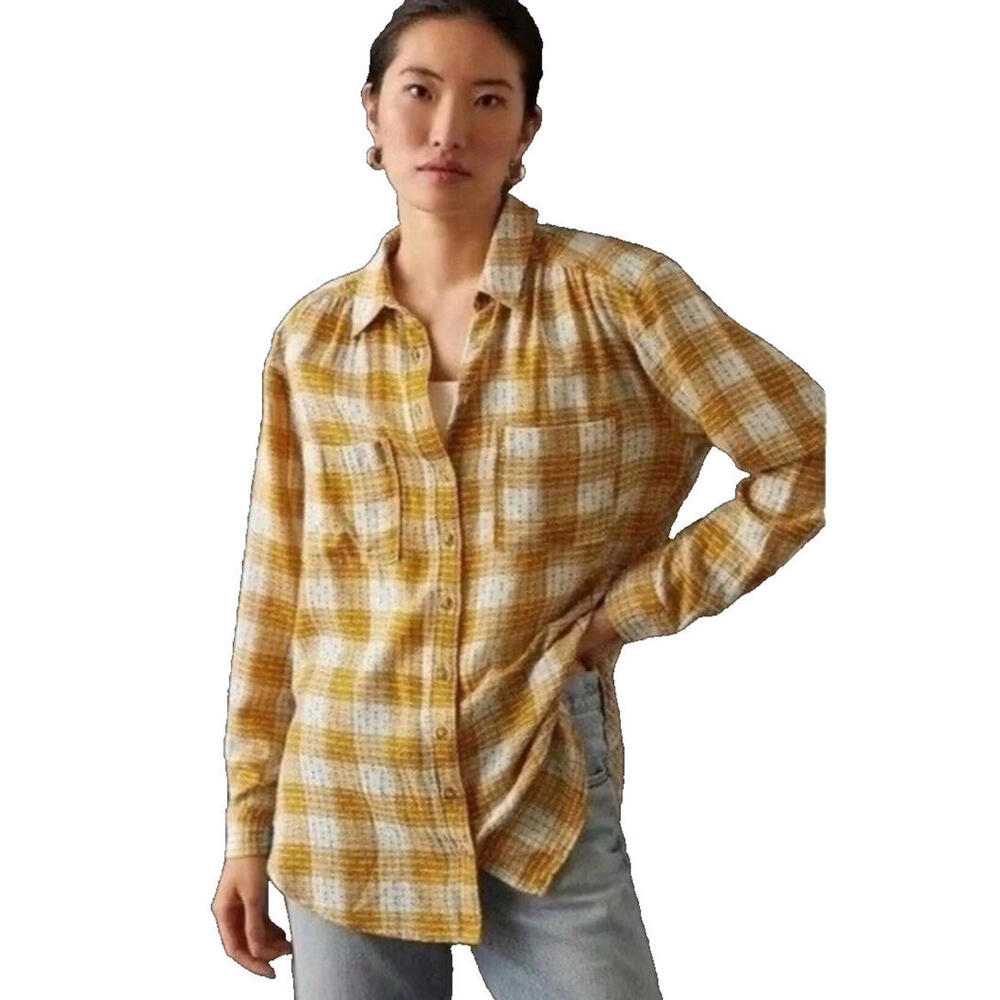 Pilcro Anthropologie Motif Womens Button Up Shirt Size XLP Mustard Long Sleeve